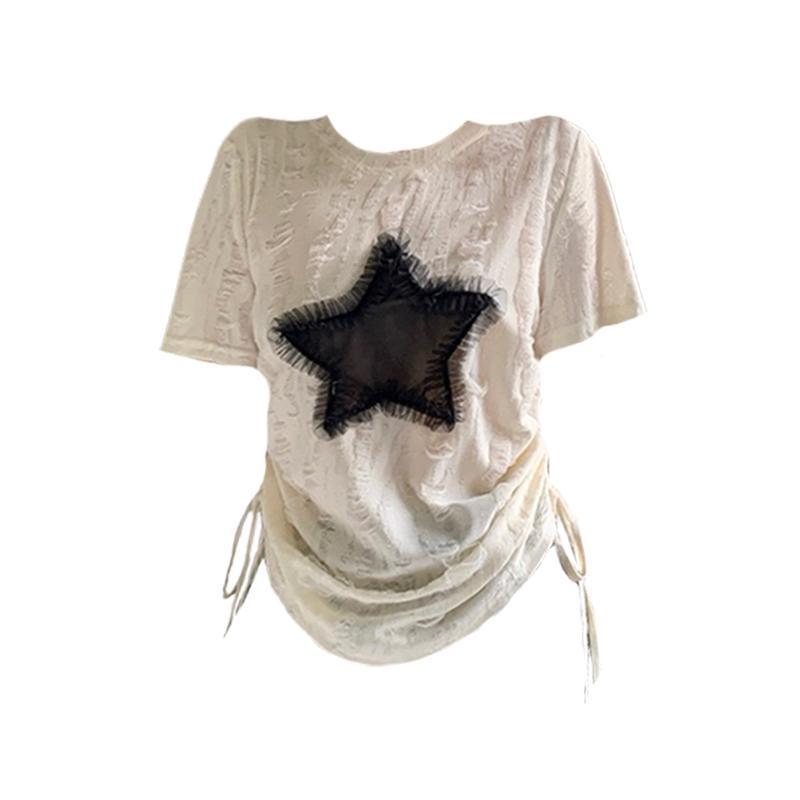 纤麦THIN MORE小众设计感星星短袖T恤女夏季美式复古辣妹抽绳上衣