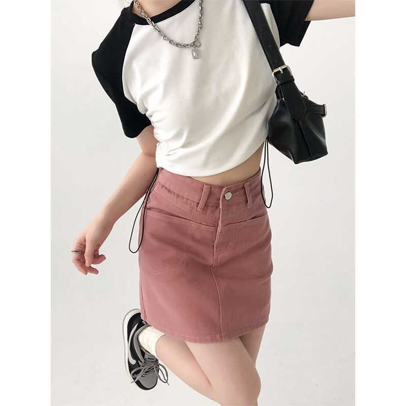 YSYOURS牛仔半身裙女夏季辣妹短裙高腰顯瘦顯腿A字包臀裙粉色短裙