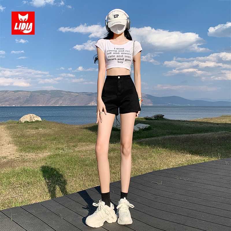 Black denim shorts for women summer 2023 new sweet cool hot girl style high waist slimming a-line tight hot pants