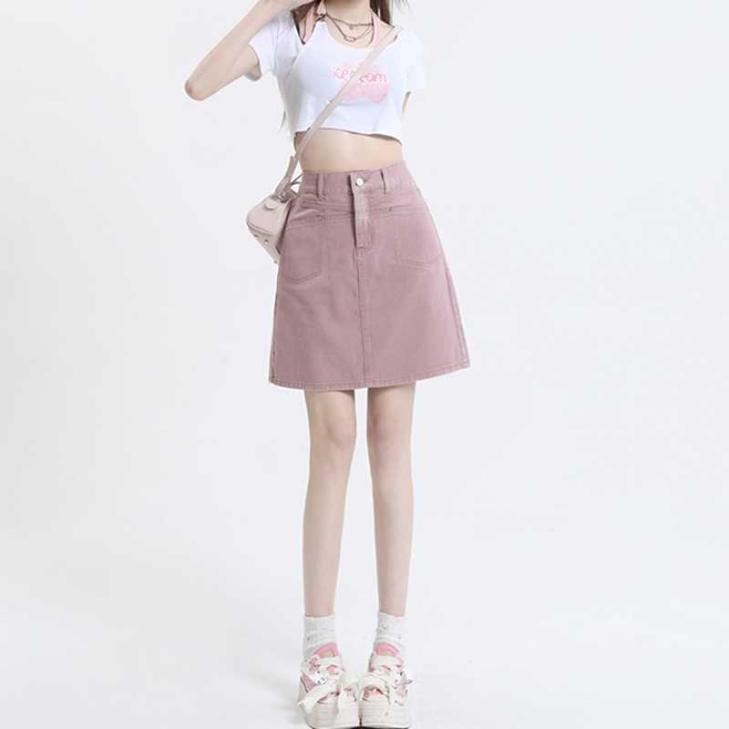 YSYOURS pink high-waisted denim short skirt for women summer  new loose slimming A-line hip skirt