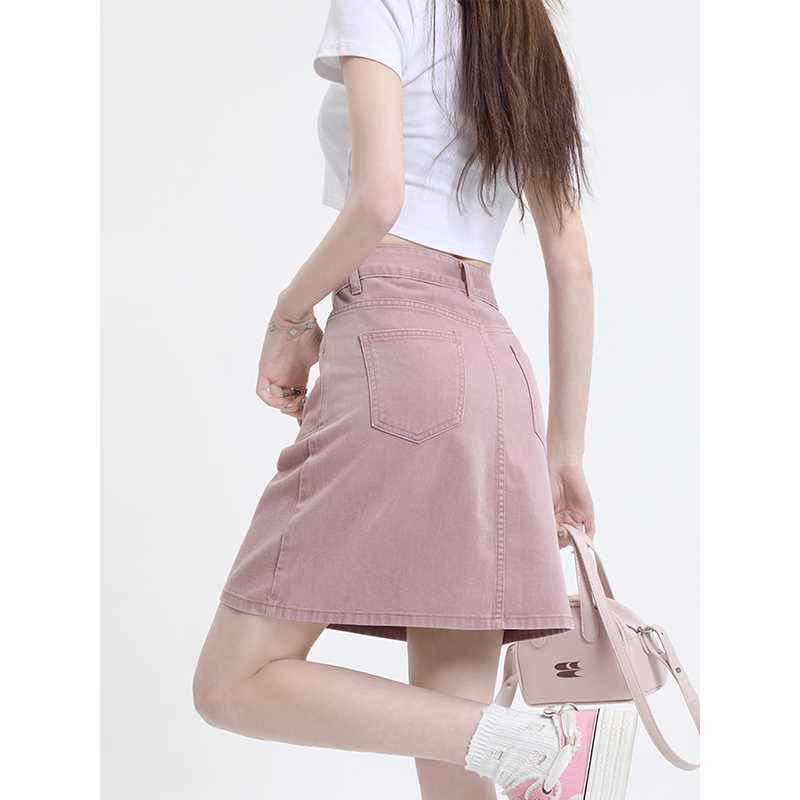 YSYOURS pink high-waisted denim short skirt for women summer  new loose slimming A-line hip skirt