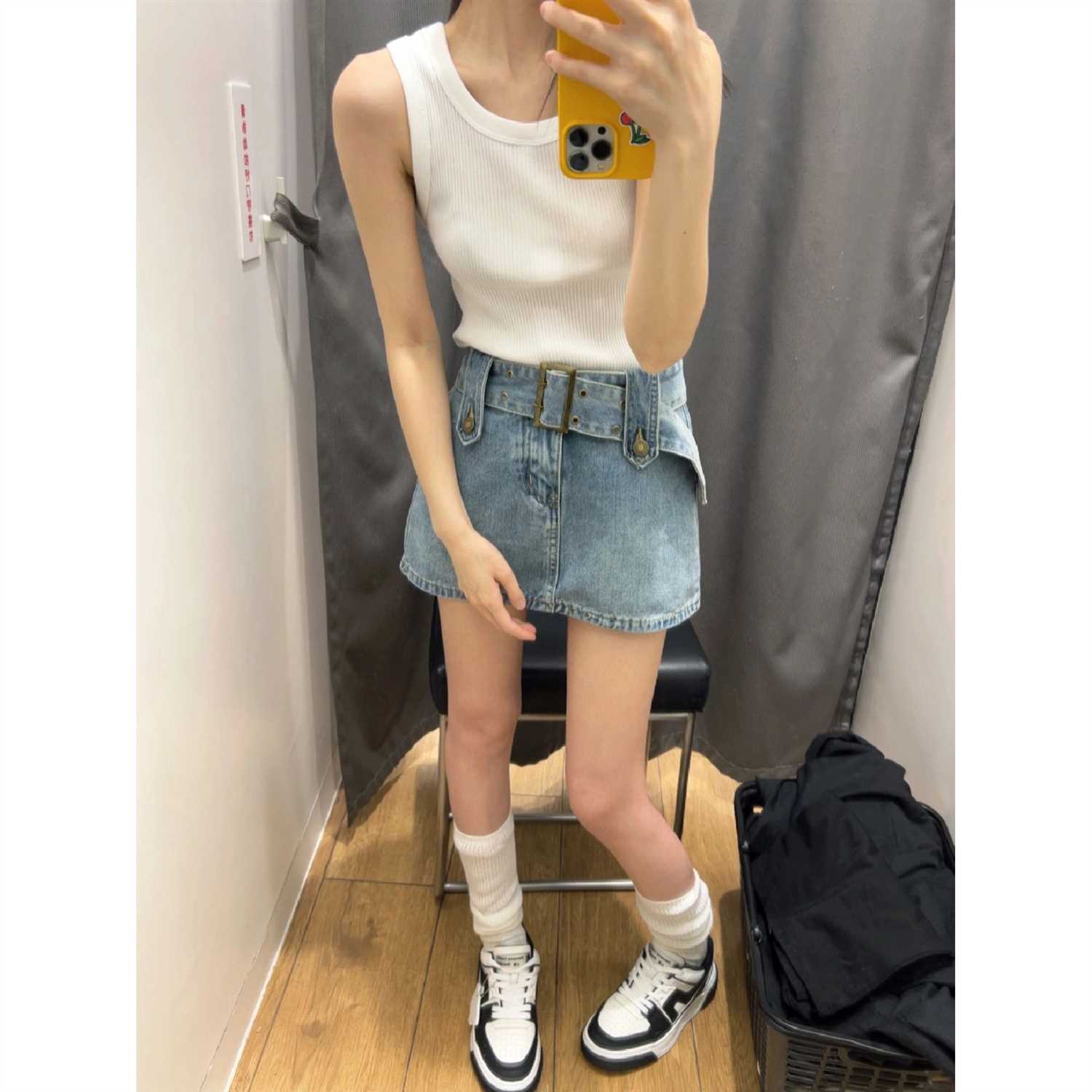 辣妹ootd穿搭高腰短裙牛仔裙夏季包臀裙a字裙女半身裙設計感小眾