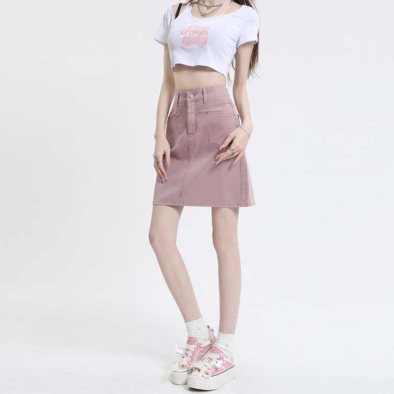 YSYOURS pink high-waisted denim short skirt for women summer  new loose slimming A-line hip skirt