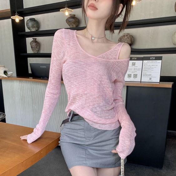 Fianmai THIN MORE design fake two-piece hollow long-sleeved women's summer thin slim fit top Korean