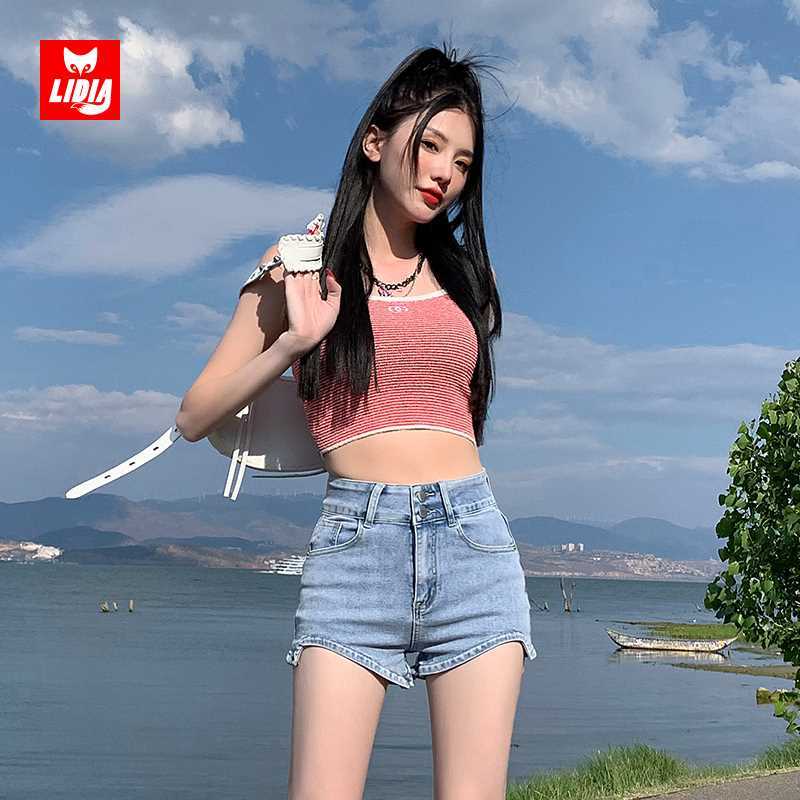 淺藍色牛仔短褲女2023新款夏季薄款高腰排扣顯瘦a字女士外穿熱褲