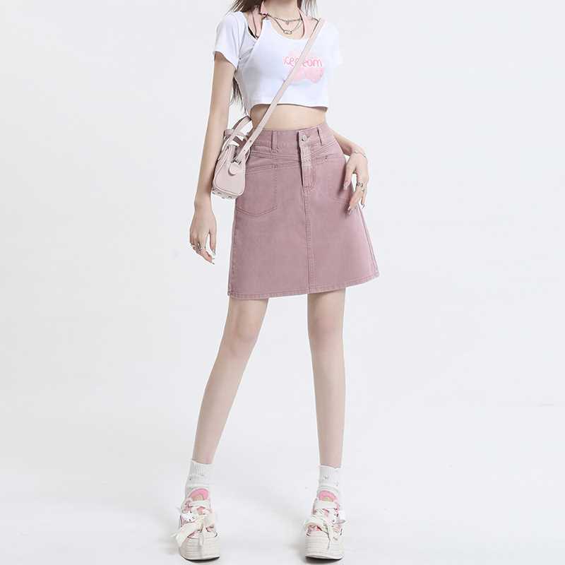 YSYOURS pink high-waisted denim short skirt for women summer  new loose slimming A-line hip skirt