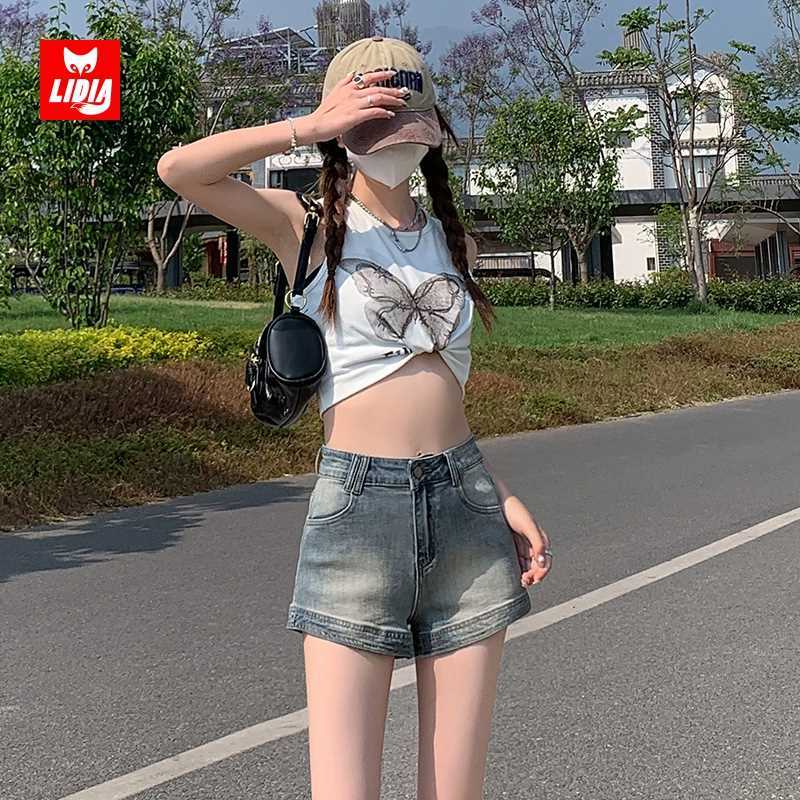 復古牛仔短褲女2023新款夏季薄款高腰顯瘦美式a字型外穿緊身熱褲