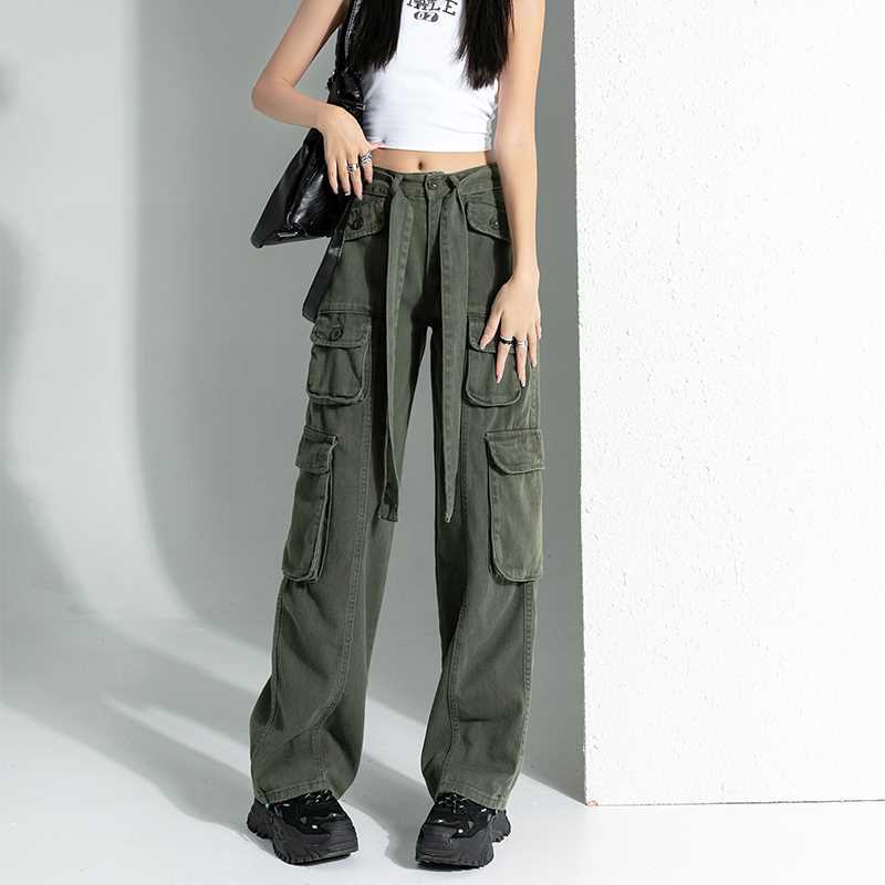 YSYOURS灰綠色工裝牛仔褲女秋季薄款美式復古高腰顯瘦寬鬆闊腿褲