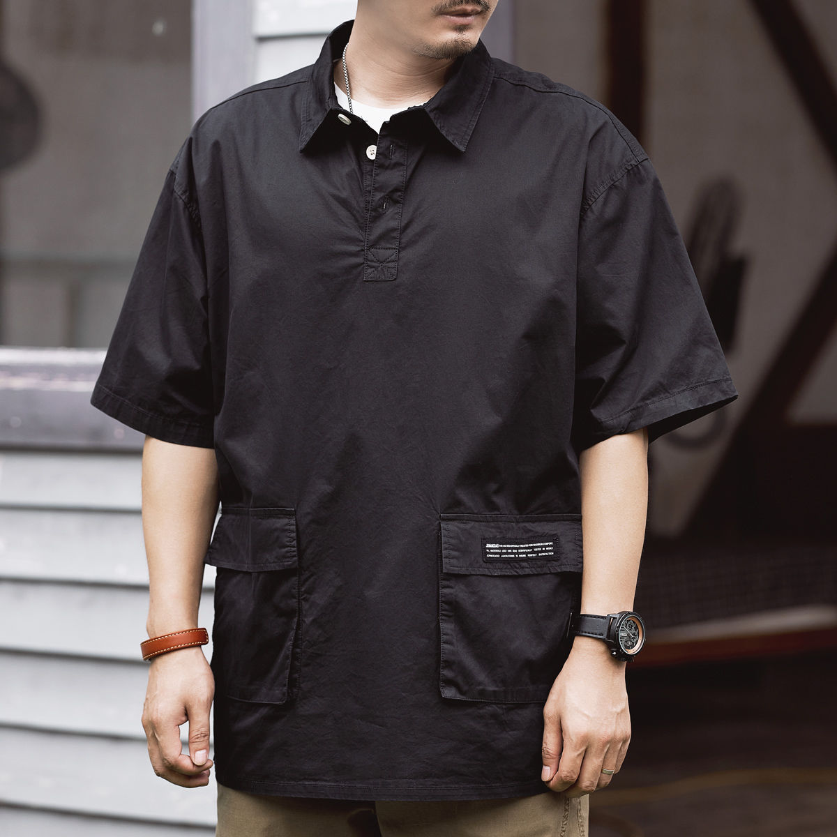美式機能工裝短袖polo衫男士夏季潮牌寬鬆多口袋復古休閒T恤襯衫