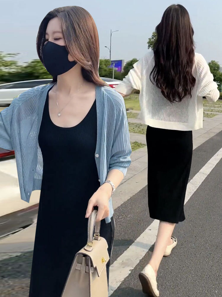 正品冰絲針織開衫防曬衣女2023夏季空調衫寬鬆外搭披肩薄罩衫外套