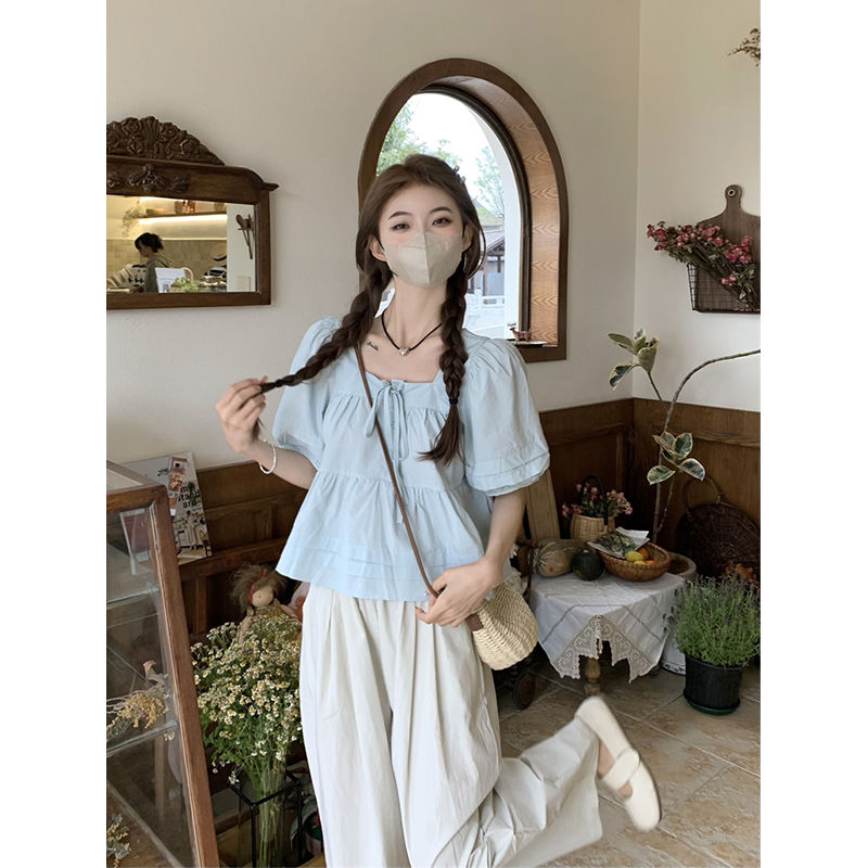 系帶方領襯衫女夏季2023新款小清新設計感修身顯瘦泡泡袖短袖上衣