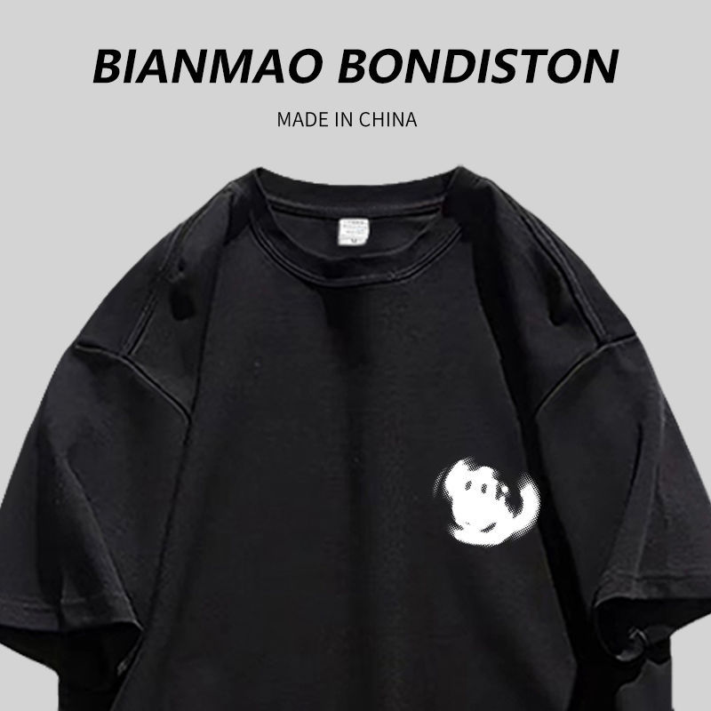 Lazy college style cartoon kitten print Korean version of vintage heavy cotton black couple short-sleeved T-shirt