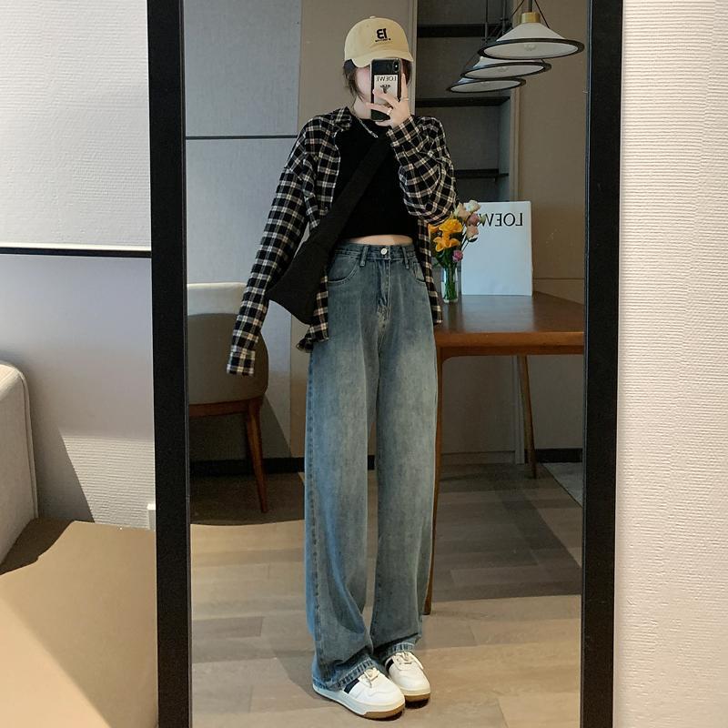高腰闊腿牛仔褲女秋冬加絨加厚顯瘦大碼百搭垂感復古直筒拖地褲子