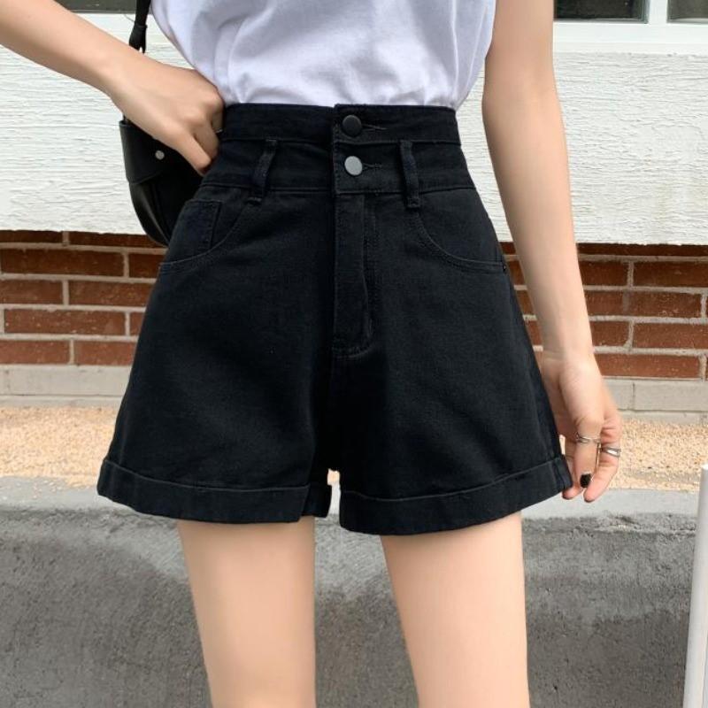 黑色牛仔短褲女設計感小眾夏季辣妹高腰大碼顯瘦寬鬆a字熱褲潮ins