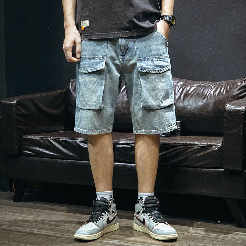合體直筒男拉鏈牛仔褲五分褲破洞青春流行夏季中腰潮直腳ins水洗