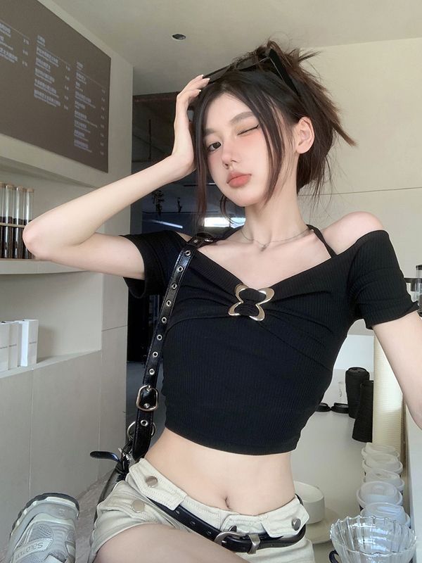 VIBRATE temperament one-word collar short-sleeved hanging neck t-shirt female summer pure desire wind sweet hot girl halter clavicle top
