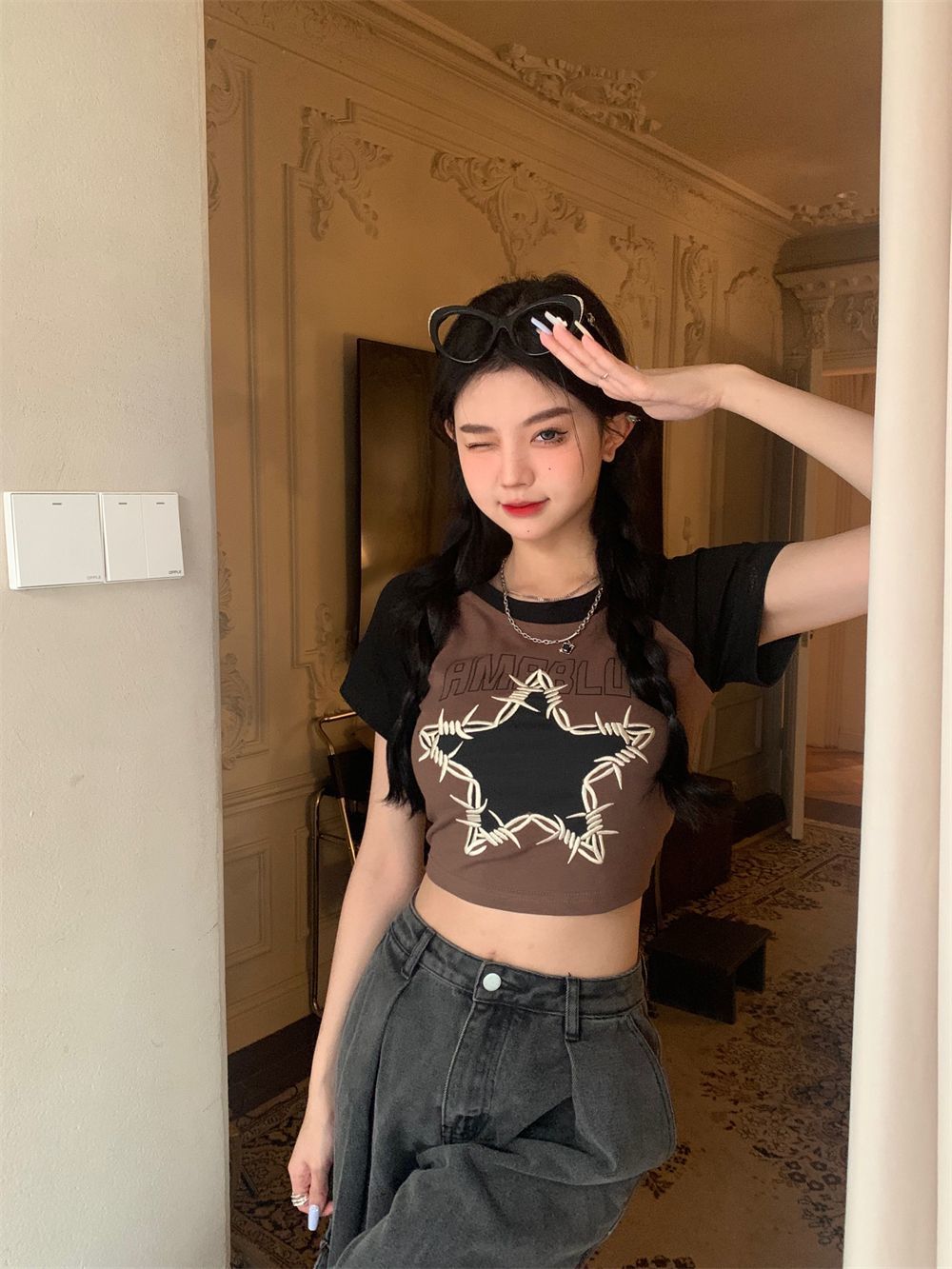 VIBRATE American retro color star short-sleeved T-shirt women's summer 2023 new hot girl short top