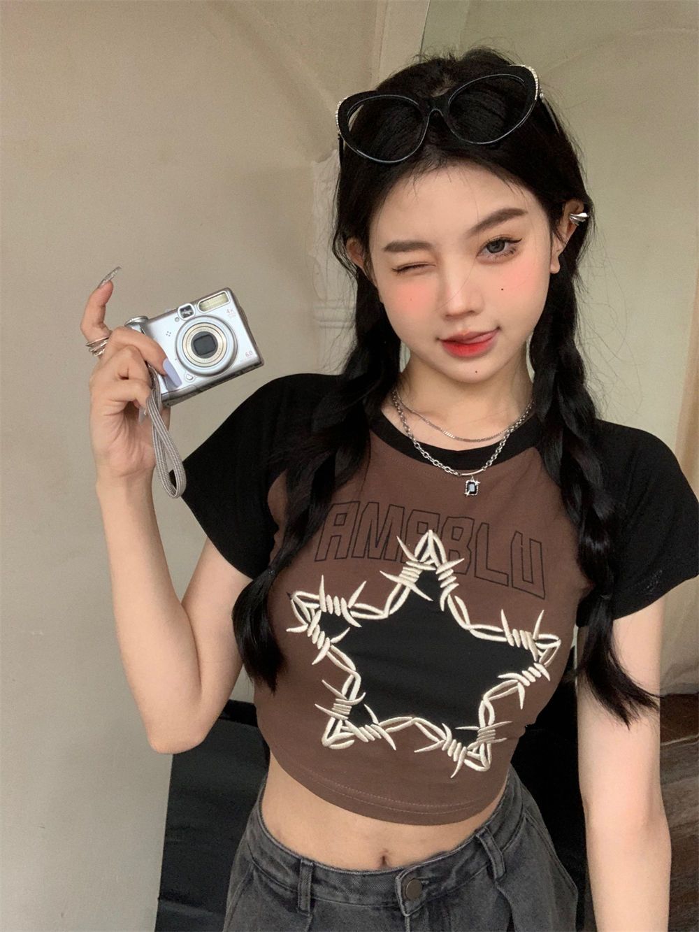 VIBRATE American retro color star short-sleeved T-shirt women's summer 2023 new hot girl short top