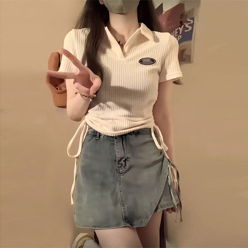 Polo collar front shoulder short-sleeved t-shirt women's summer 2023 new American hot girl short top design sense niche