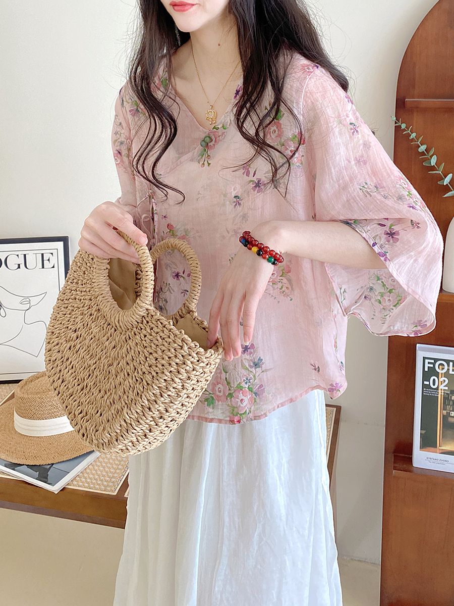 娃娃衫上衣夏季v領套頭文藝復古風斜門襟碎花襯衫2023新款女
