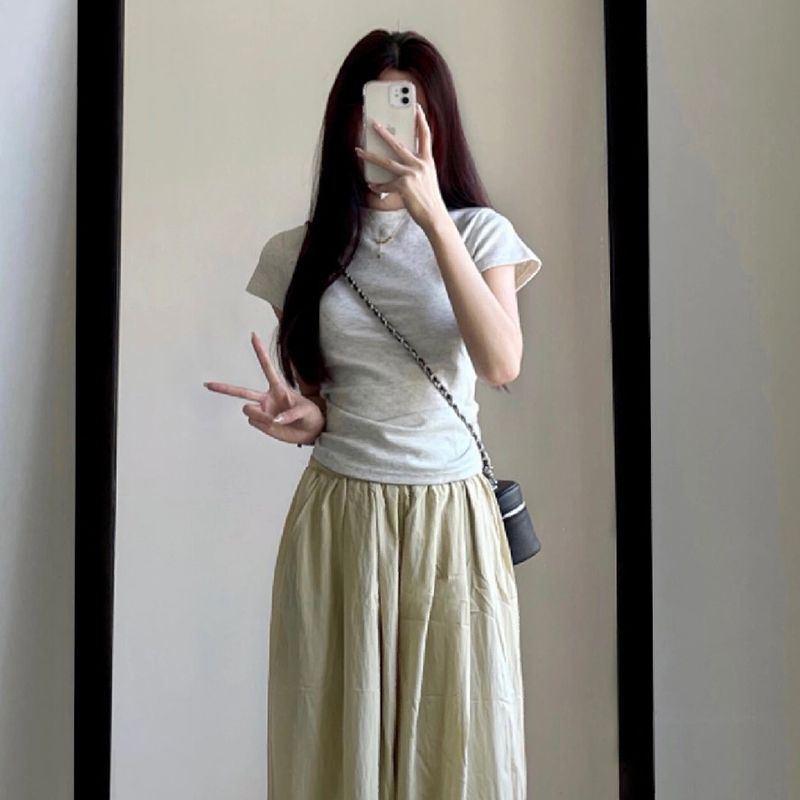 [Positive shoulder pure cotton] Hong Kong style retro short-sleeved t-shirt women's summer new pure desire style high-quality slim top ins