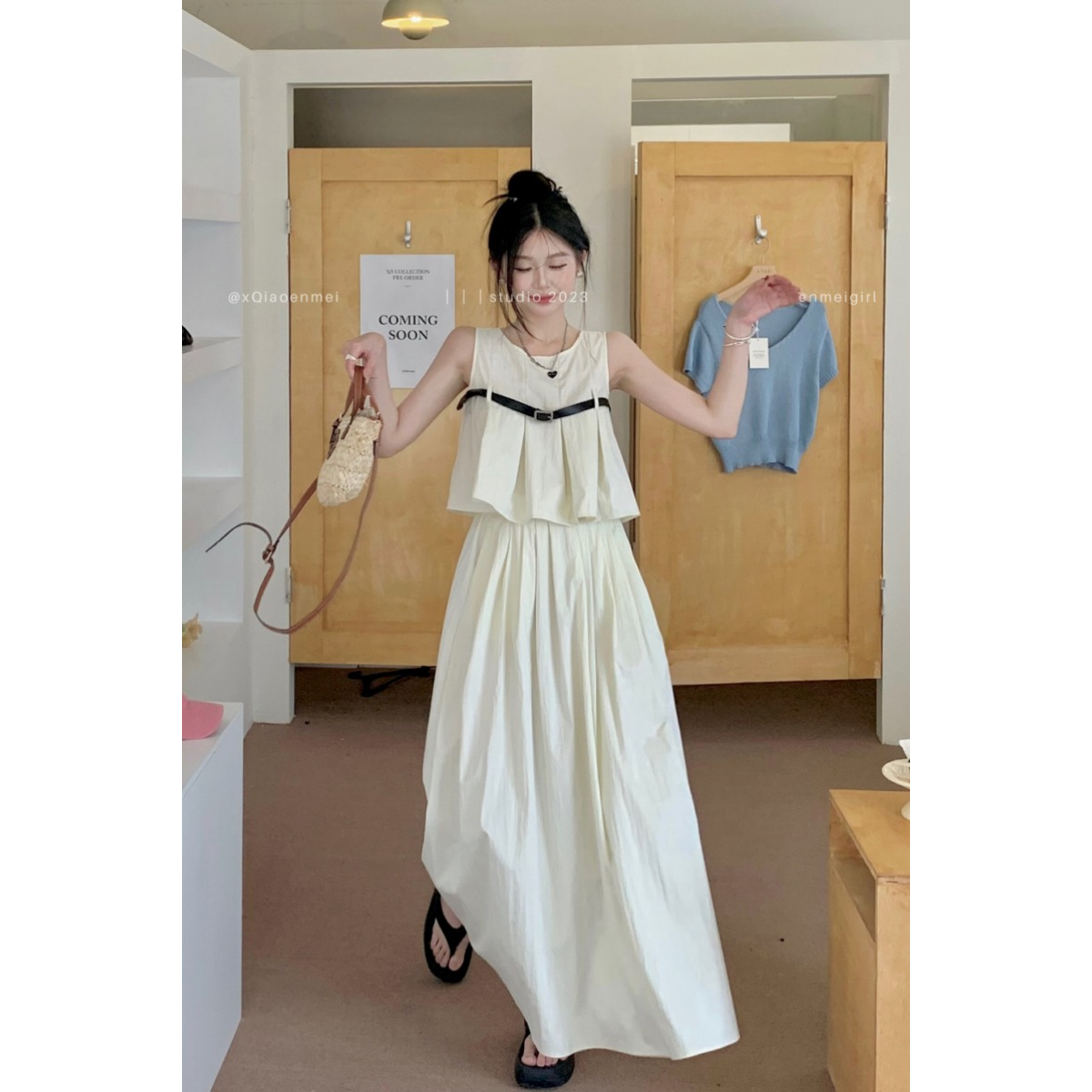設計感時尚褶皺甜酷無袖背心吊帶高腰半身長裙女夏季2023新款套裝