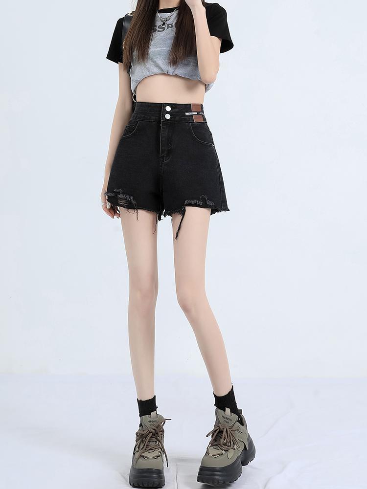Black denim shorts for women in summer, high-waisted, large-size, loose, slim, and small, designed for fat women, trendy A-line hot pants