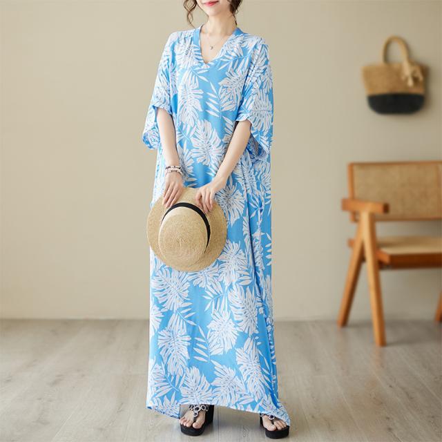 夏季新款棉麻印花寬鬆V領復古連衣裙女胖MM休閒度假遮肉顯瘦長裙