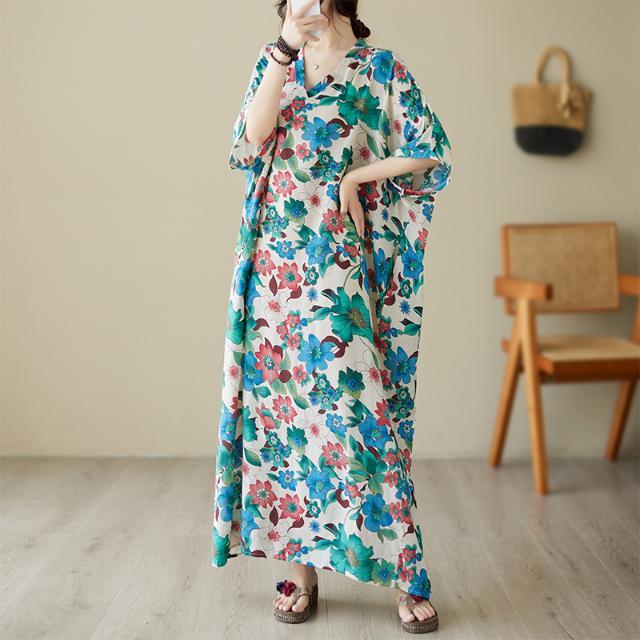 夏季新款棉麻印花寬鬆V領復古連衣裙女胖MM休閒度假遮肉顯瘦長裙