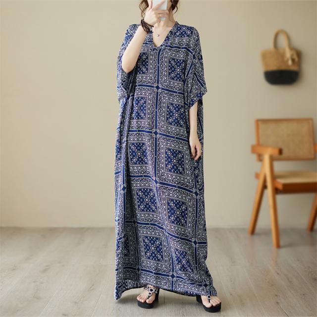 夏季新款棉麻印花寬鬆V領復古連衣裙女胖MM休閒度假遮肉顯瘦長裙