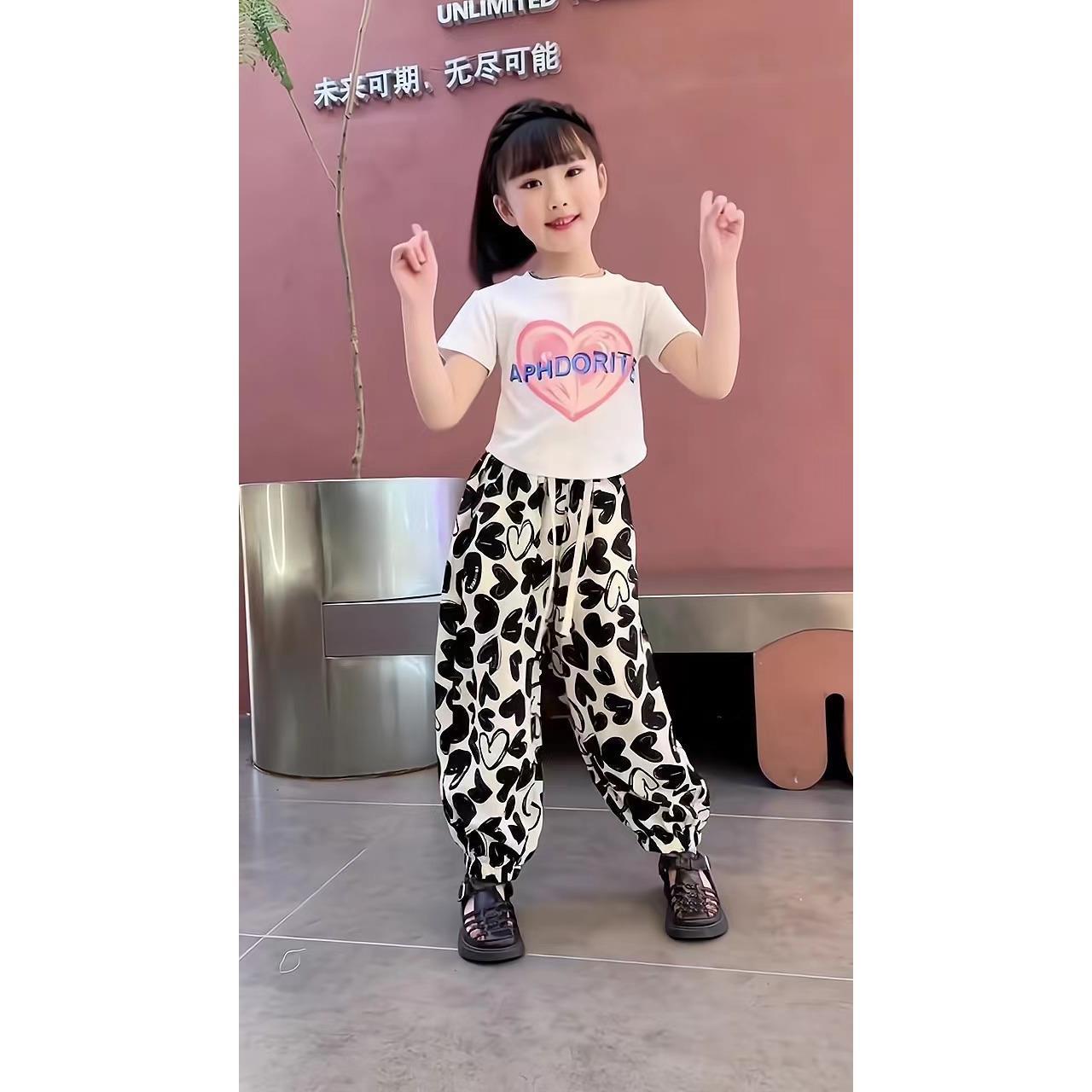 Girls' summer suit, summer short top, fashionable and casual ice silk anti-mosquito pants, two-piece set for middle and older children