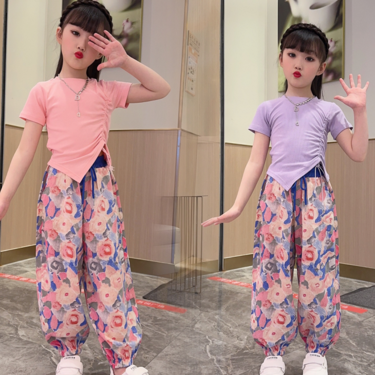 Girls Summer Clothes Set 2023 New Children's Clothes Internet Celebrity Fashionable Adult Children's Fashionable Leg Pants Summer Two-piece Set