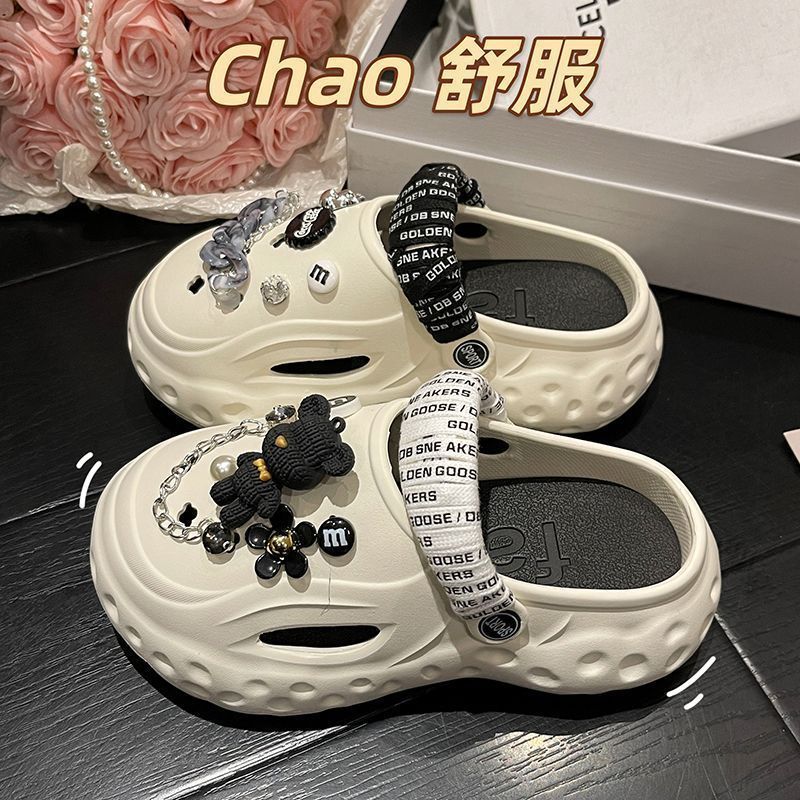 Thick-soled hole shoes women 2023 summer new non-slip Baotou drag two wear all-match heightened sponge cake fashion sandals and slippers