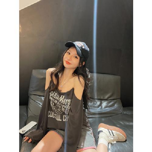 美式復古露肩鏈條印花長袖T恤女夏季寬鬆甜酷風顯瘦性感辣妹上衣