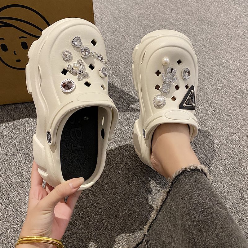 Hole shoes women's summer thick bottom increased outerwear Baotou slippers pearl rhinestone casual beach shoes muffin non-slip sandals