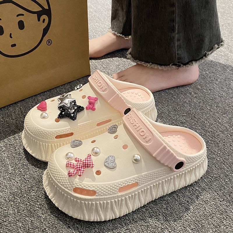 High-heeled hole shoes ladies summer outerwear muffin thick-soled cartoon cute two-wear Baotou non-slip sandals and slippers new