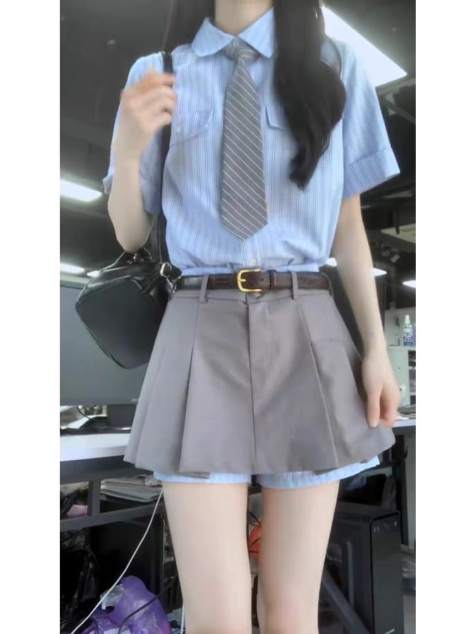 ANTWANT蓝色短袖衬衫女夏2023新款气质衬衣小个子学院风上衣套装