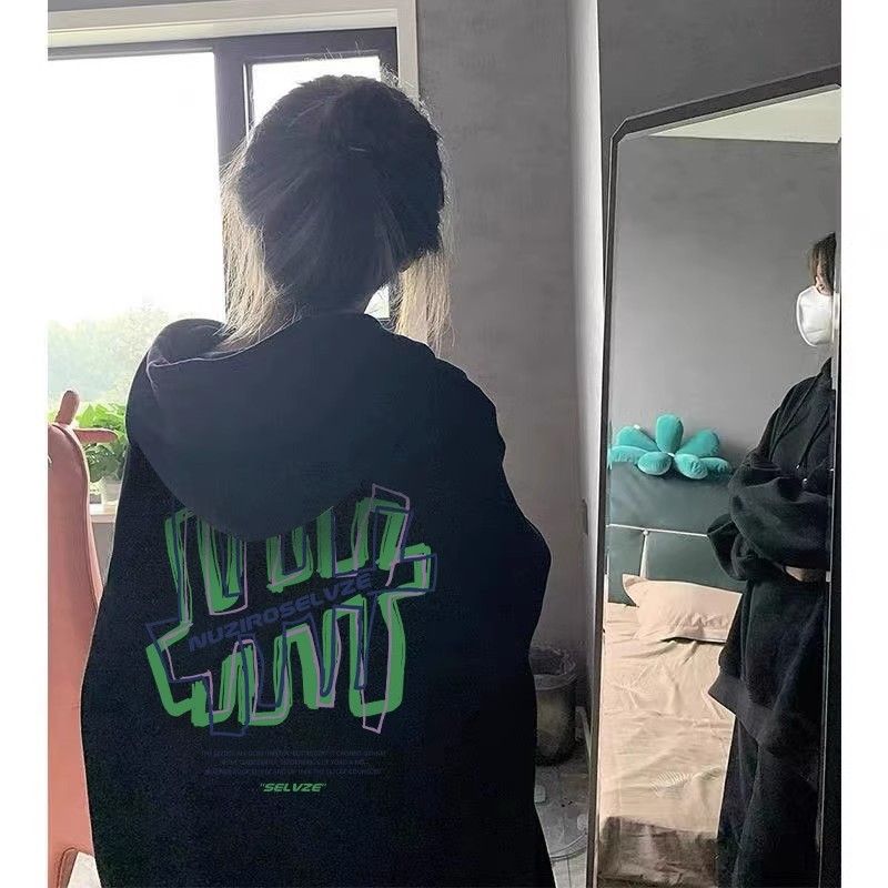 100%重磅純棉黑色衛衣女oversize高街2023春秋薄款慵懶風外套上衣