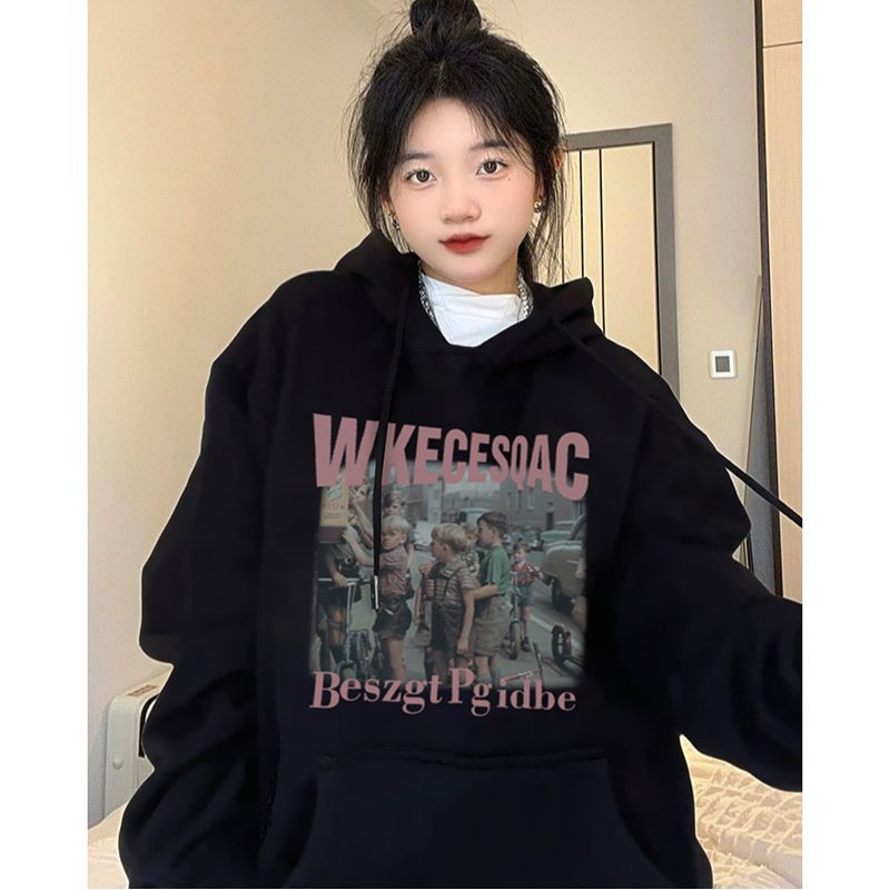 100%重磅連帽美式復古衛衣女大碼純棉2023春秋薄款小眾高街潮外套