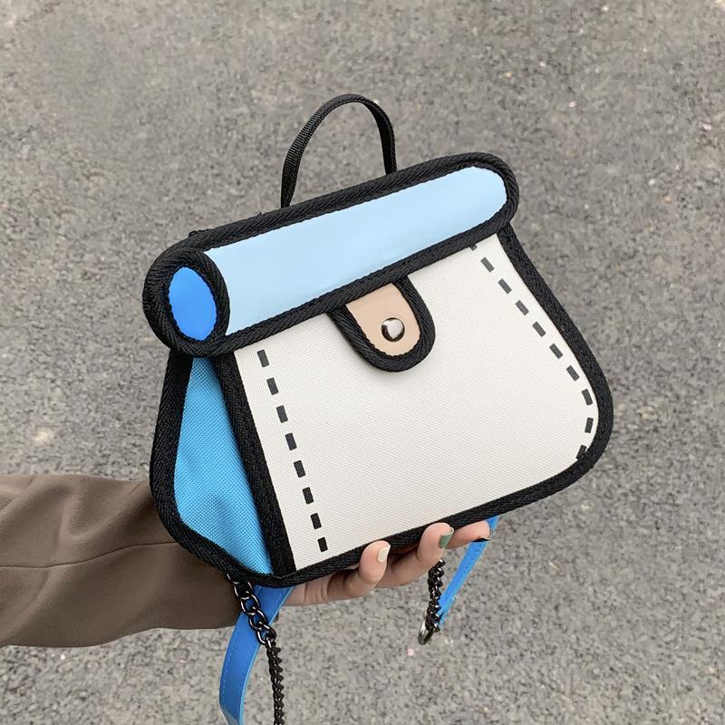 Niche design bag for women summer 2023 new two-dimensional cartoon chain bag canvas messenger bag contrasting color cake bag