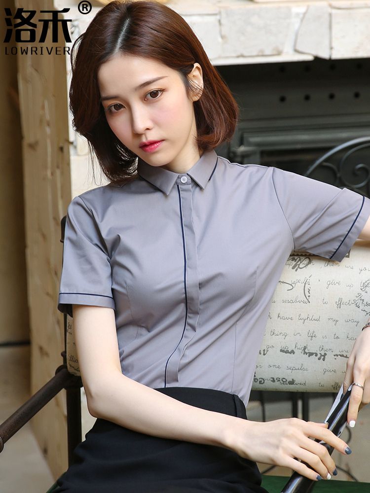 洛禾2023夏新款职业短袖白衬衫女设计感韩版工作服正装气质衬衣寸