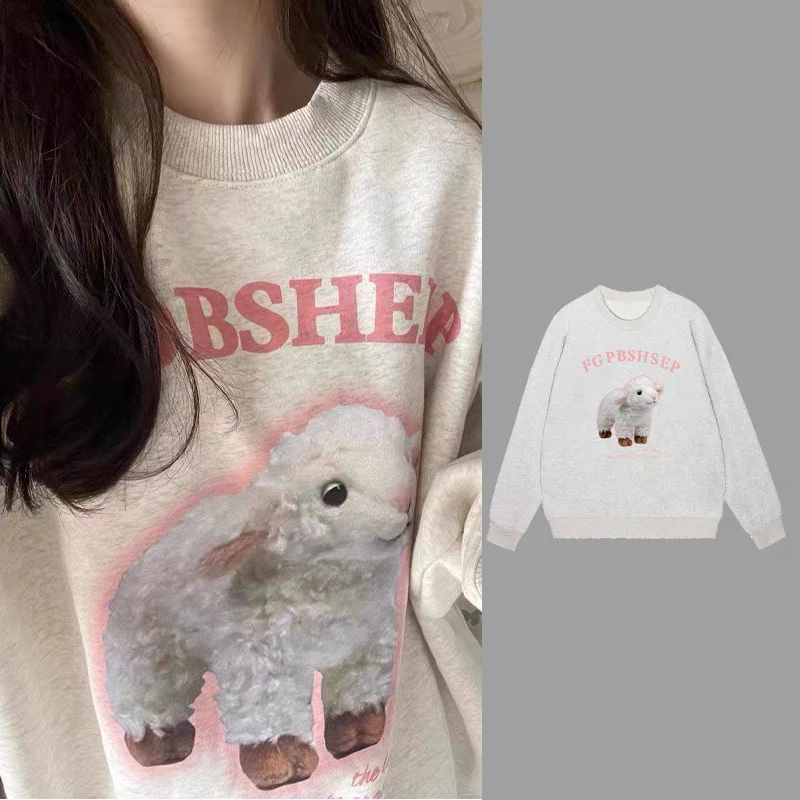 100%重磅純棉美式復古小羊印花衛衣女oversize2023春秋薄款上衣服