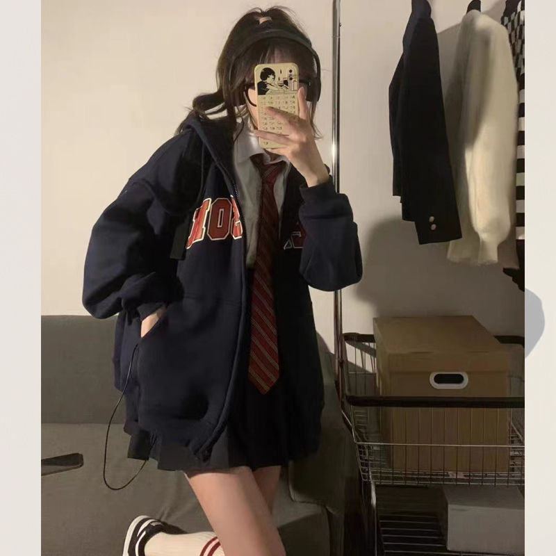 100%重磅純棉美式復古衛衣女慵懶風2023春秋薄款hiphop潮拉鏈外套