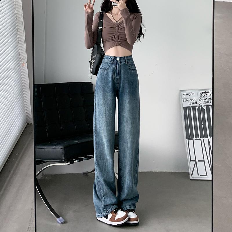 加絨闊腿牛仔褲女秋冬2023新款高腰大碼胖MM梨形身材直筒寬鬆褲子