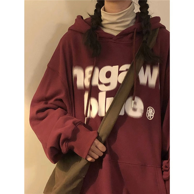100%重磅純棉寬鬆酒紅色連帽衛衣女2023春秋薄款情侶oversize外套