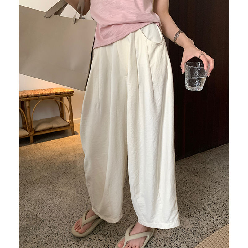 運動長褲女鬆緊高腰闊腿褲子垂感小個子慵懶直筒褲寬鬆顯瘦涼涼褲