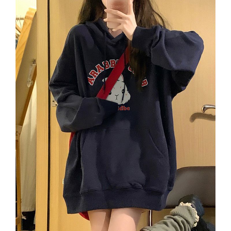 100%重磅純棉兔子印花連帽衛衣女2023春秋薄款炸街小眾設計感外套