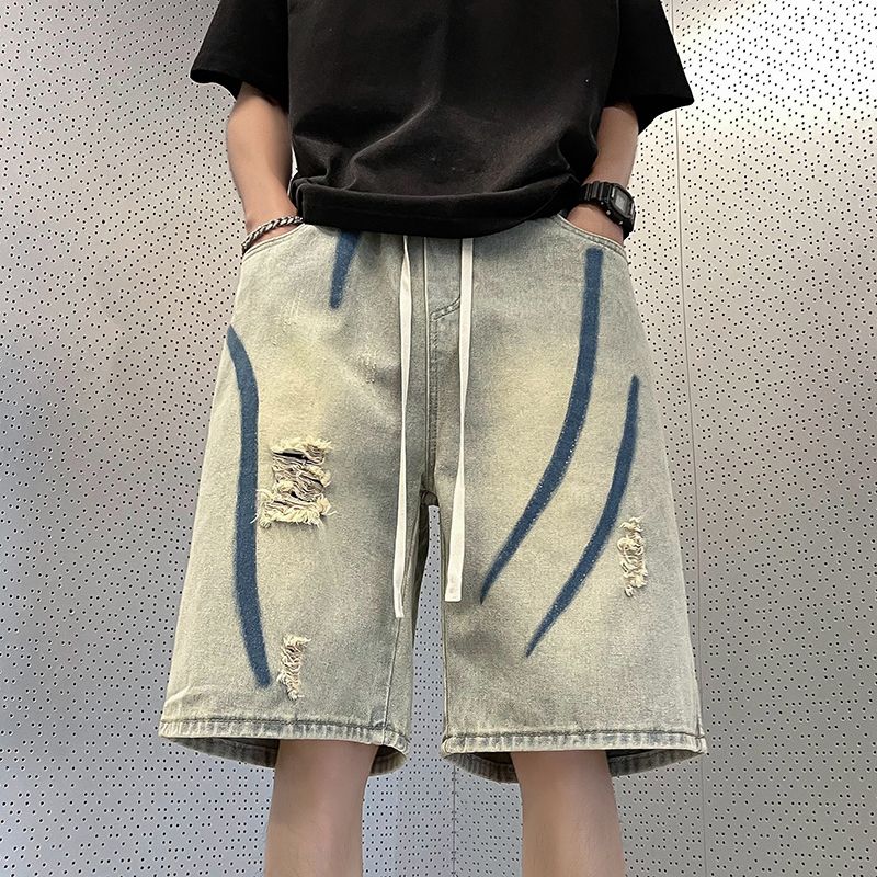 Summer new ripped denim shorts men's Hong Kong style loose straight pants teenagers street gangster handsome five-point pants