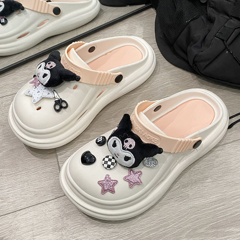 Cute hole shoes female summer student outerwear girly heart net red non-slip thick bottom beach shit feeling Baotou semi-slippers