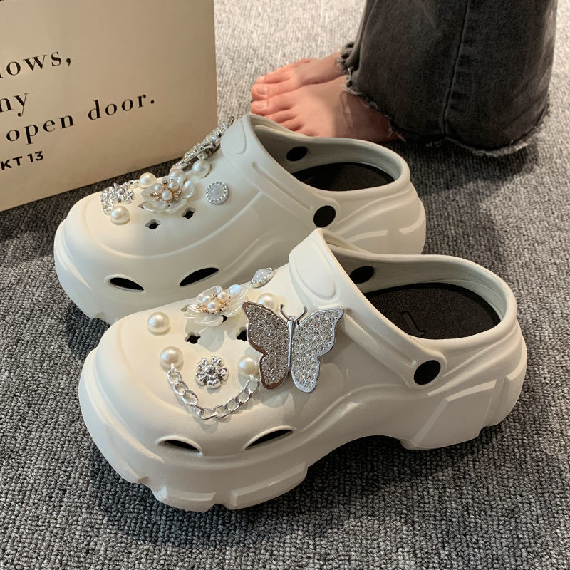 Hole shoes women's summer thick bottom increased outerwear Baotou slippers pearl rhinestone casual beach shoes muffin non-slip sandals
